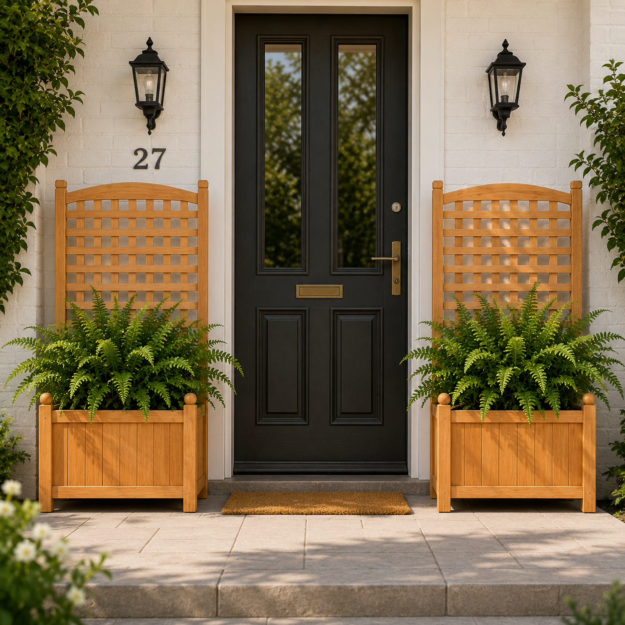 Wooden Garden Bed with Trellis - Black front door with wooden planters on either side, featuring the number 27.