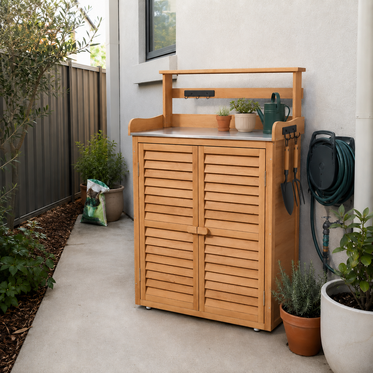 Wooden outdoor storage cabinet with shelves and doors, surrounded by plants and gardening tools.