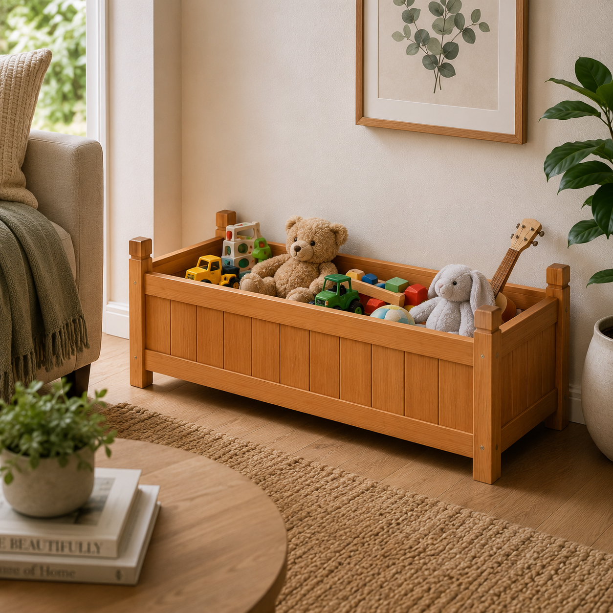 Wooden raised garden bed used as a toy box with teddy bear, toys, and guitar in a cozy room with a plant and books.