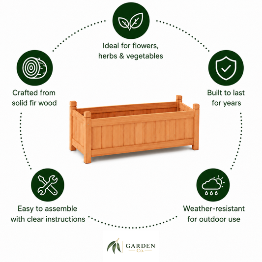 Wooden raised garden bed with features listed on a white background