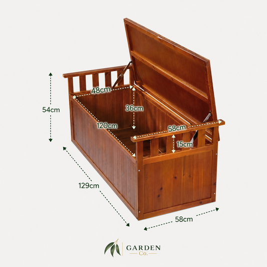 Wooden storage bench with dimensions labeled on a white background
