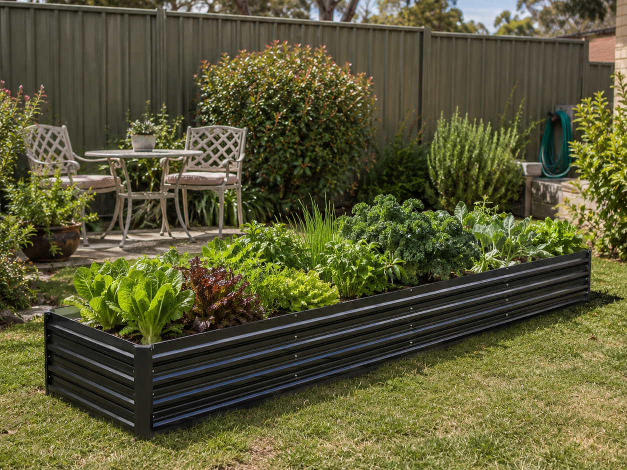 Garden bed full of vegetables in a realistic looking backyard scene.