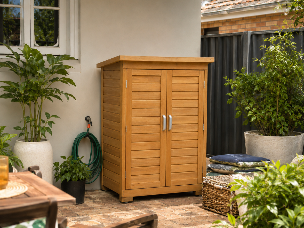 Garden storage cabinet on a back patio surrounded by garden furniture and potted plants.