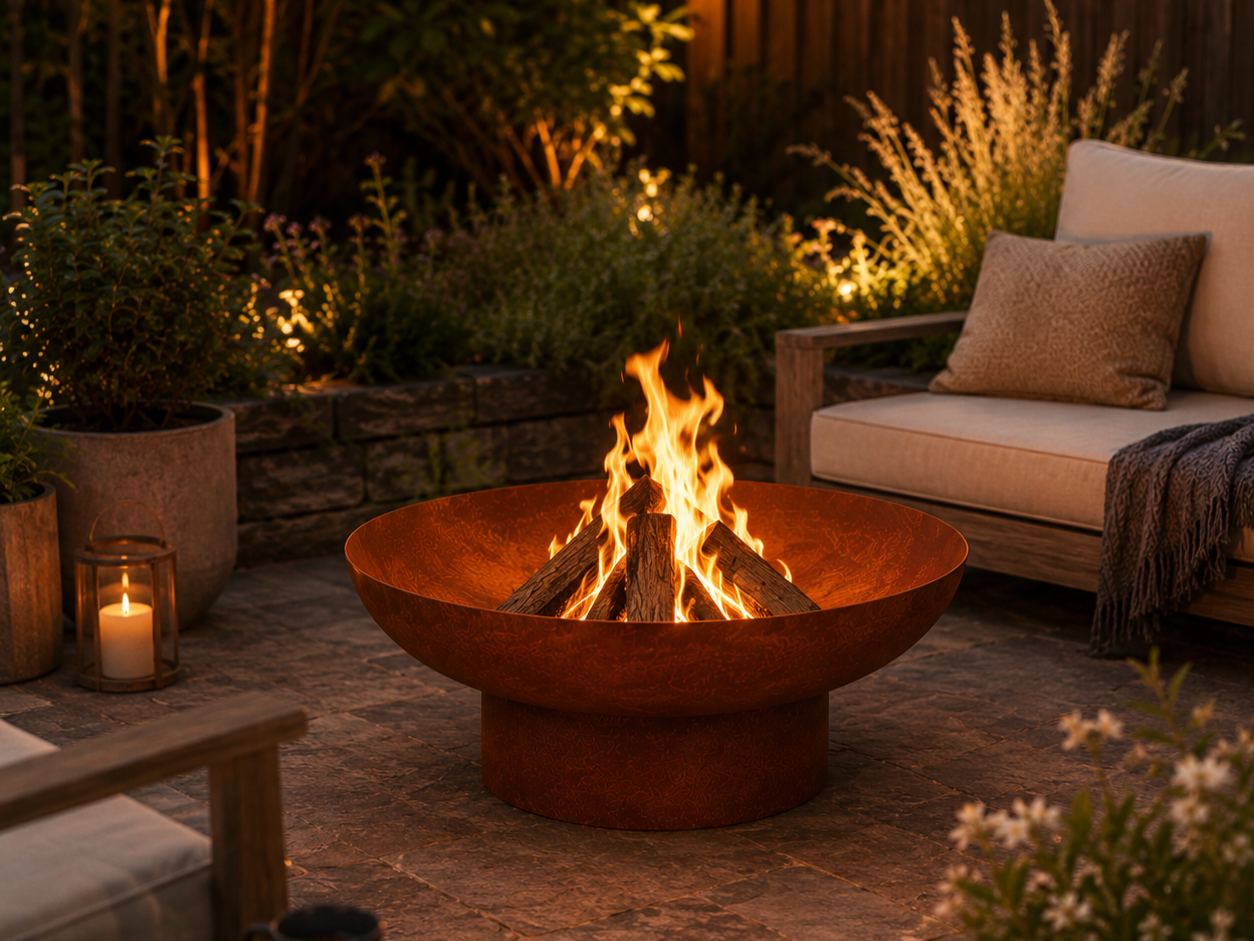 Fire pit burning in a calm and relaxing evening scene with outdoor furniture in a manicured garden.