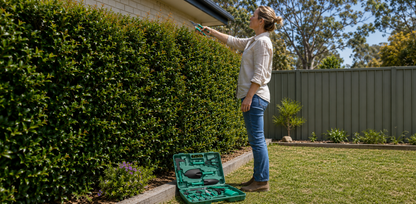 A woman in a backyard is trimming a tall green hedge with hedge shears, with an open green tool case on the grass below.