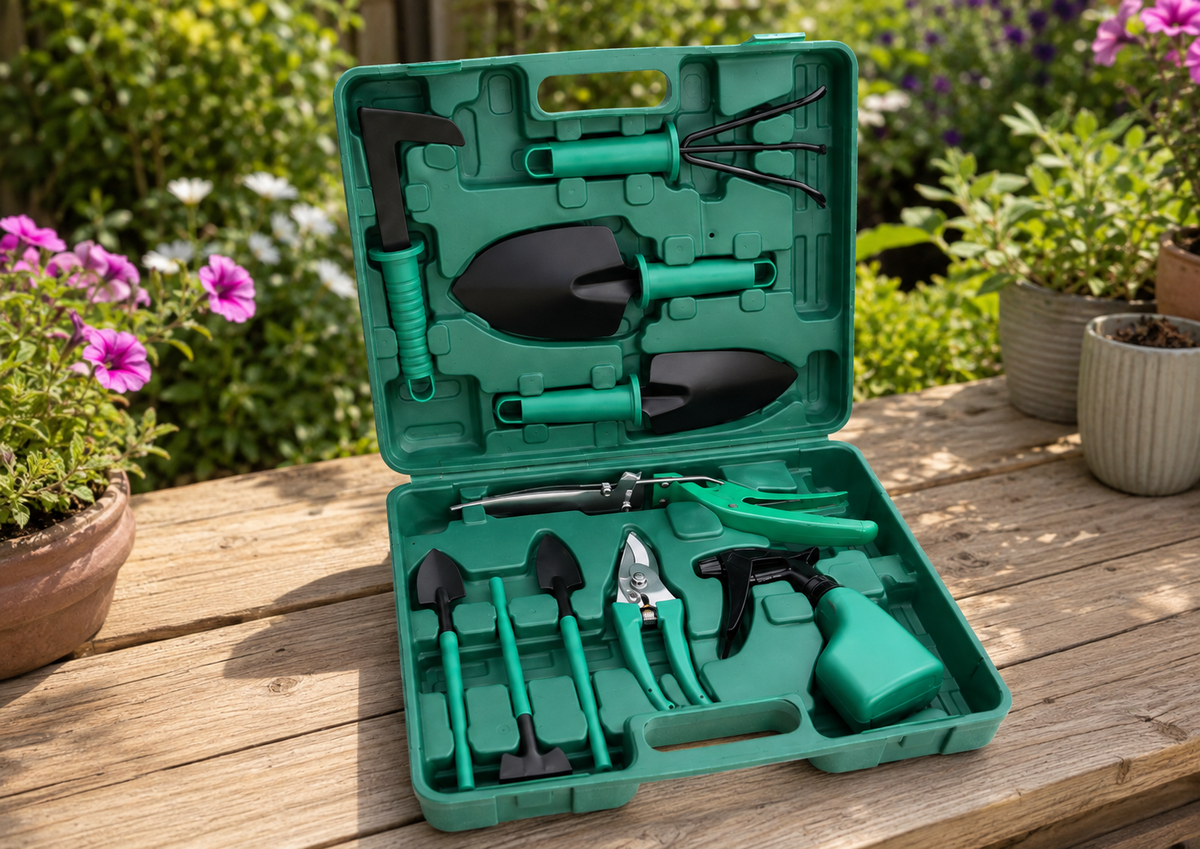 A green plastic gardening tool set displayed open in its case on a wooden table, with a garden background including potted flowers and plants.