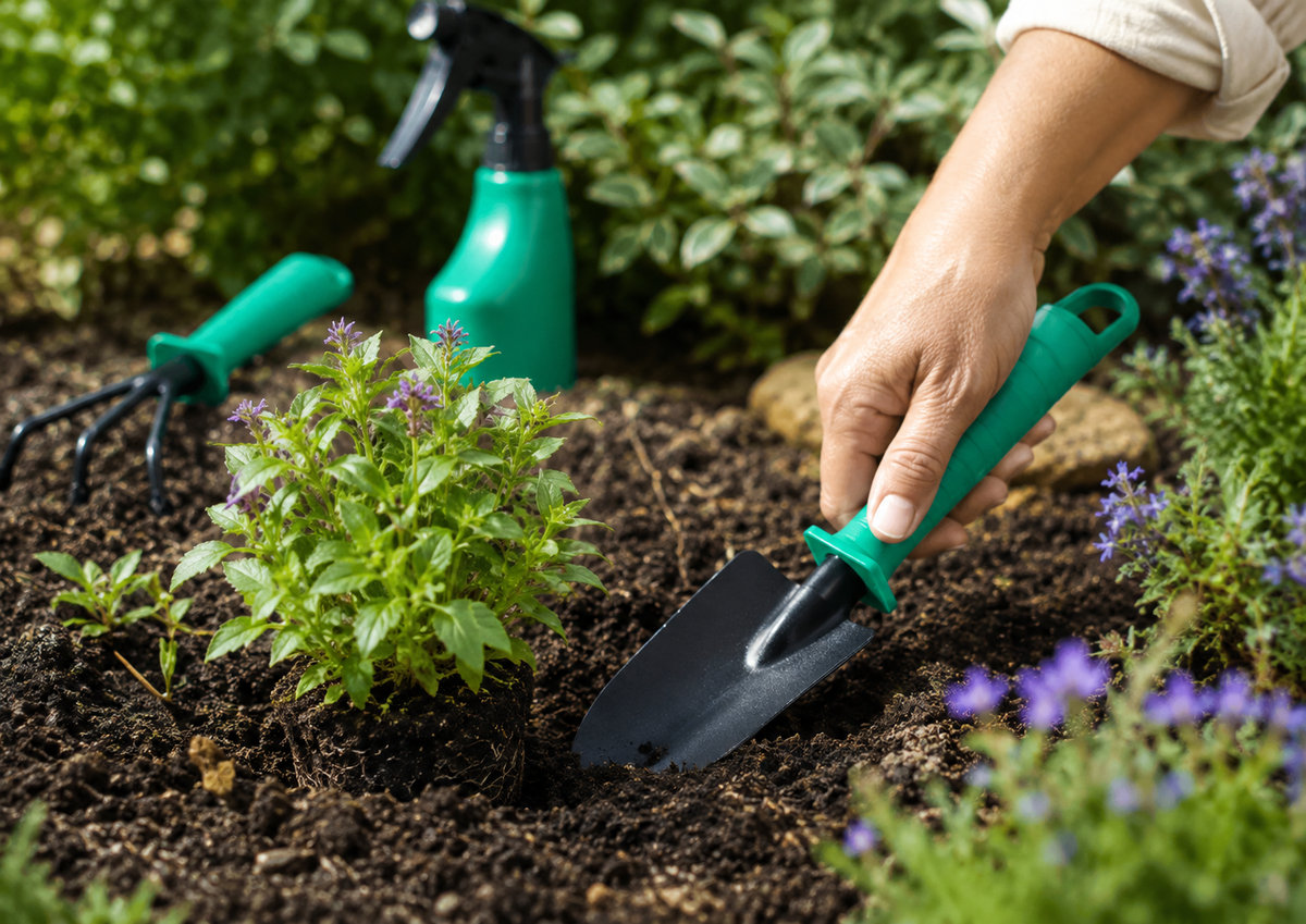 A hand uses a small green-handled garden trowel to plant a small green bush in dark soil, with a green spray bottle and a hand rake visible in the garden background.