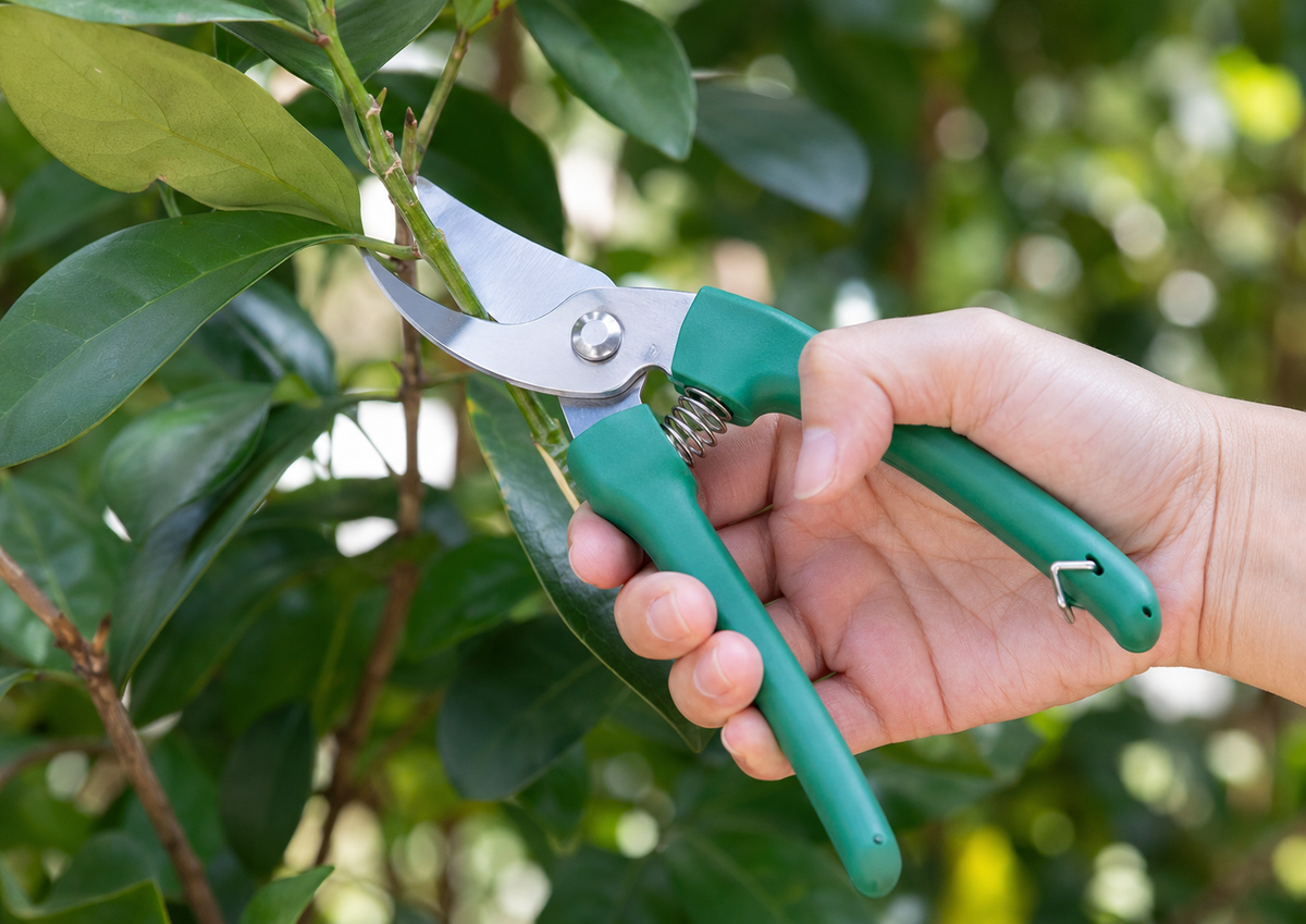 Green-handled pruning shears being used by a hand to trim a green leafy branch outdoors.