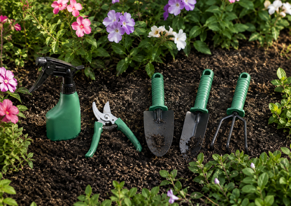 A set of green-handled gardening tools arranged on dark soil in a garden bed with flowers and foliage around them: a spray bottle, pruning shears, a small trowel, and a hand fork.