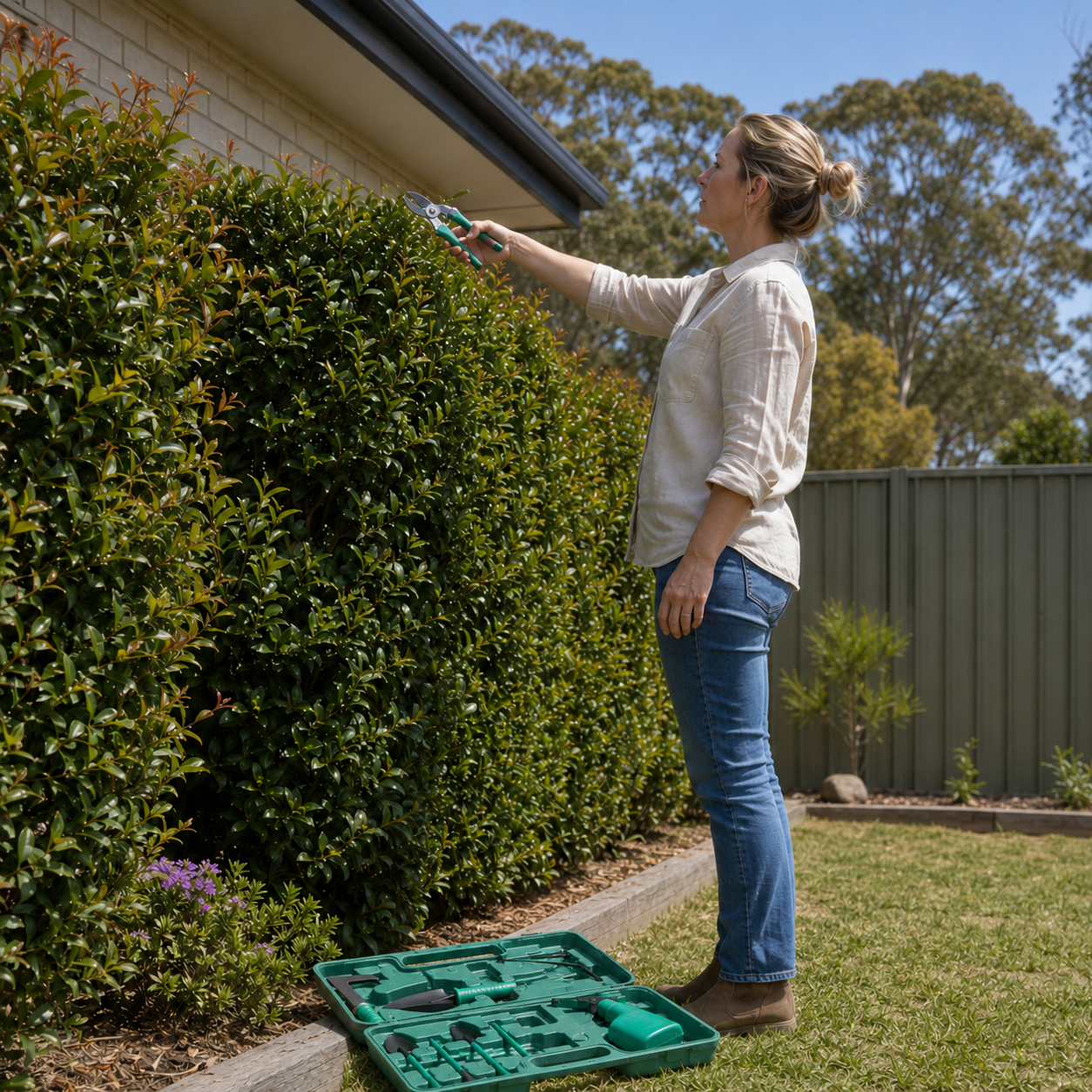 A woman stands in a backyard next to a tall green hedge, using a hedge trimmer to cut the hedge. An open green hedge trimmer case with the trimmer lies on the grass beside her.