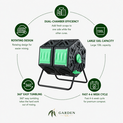 Features of dual chamber compost tumbler on a white background with Garden Co logo.