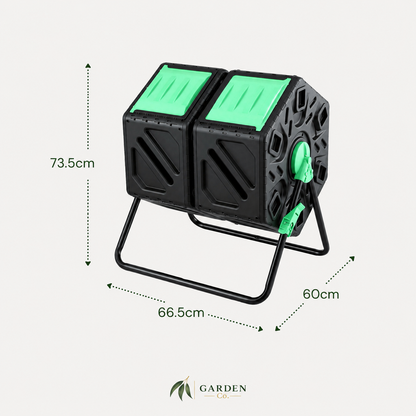 Measurements of dual chamber compost tumbler on a white background
