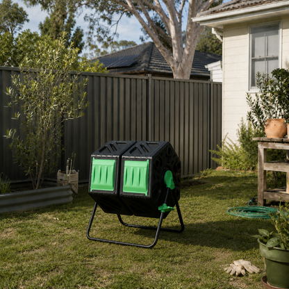 Dual chamber compost tumbler in Australian backyard