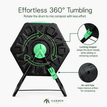 Diagram showing 360 degree turning on 130 litre tumbling compost bin