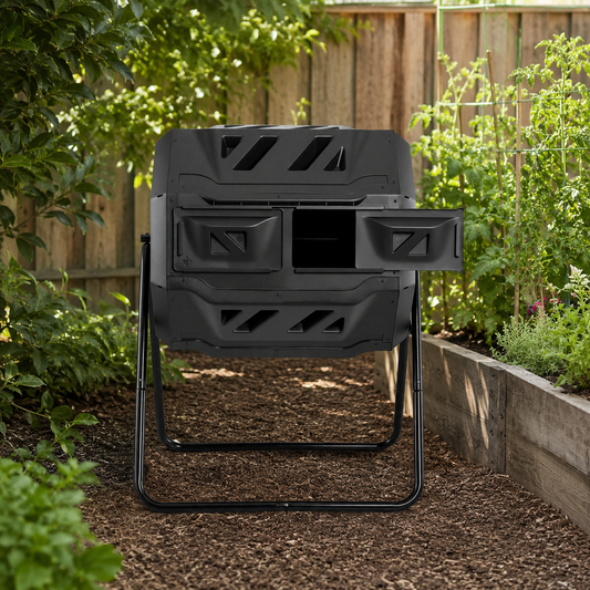 A black plastic composting bin with a metal stand, shown outdoors in a garden pathway with mulch, plants, and a wooden fence in the background.