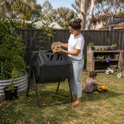 Woman putting food scraps in a 160L twin chamber compost bin