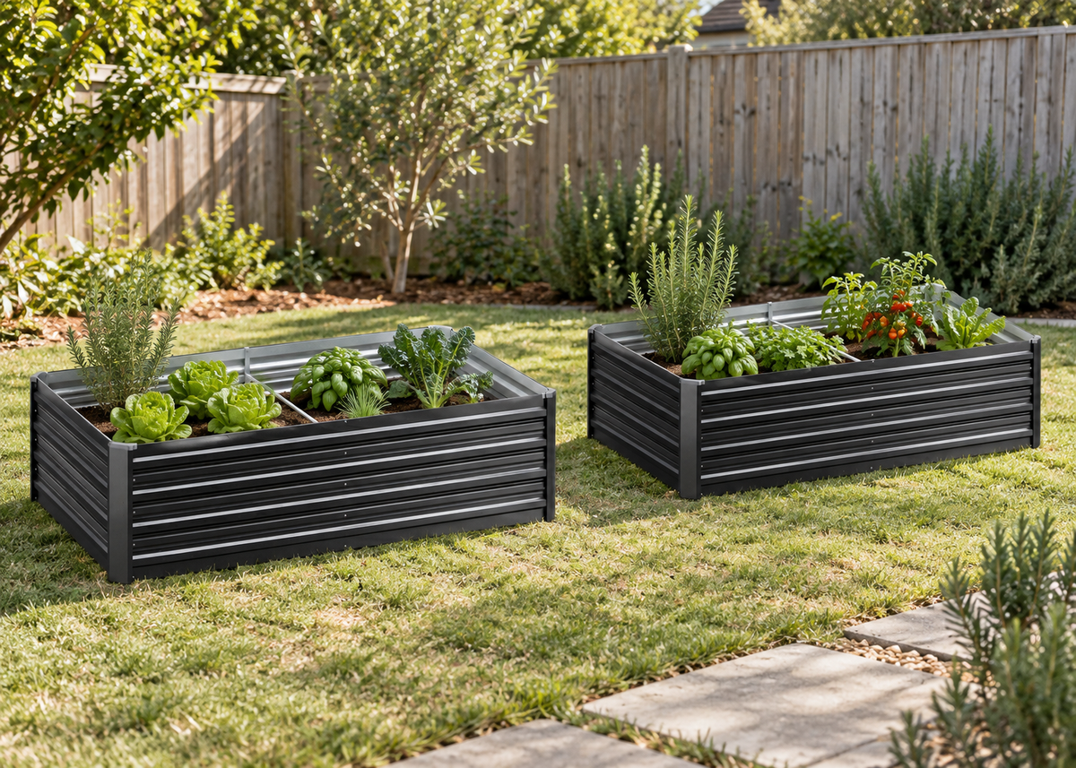Two black slatted raised garden beds filled with green plants, placed on a grassy backyard lawn with a wooden fence and garden path in the background.