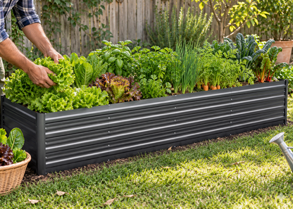 A black corrugated metal raised garden bed filled with leafy greens, herbs, and vegetables, shown in a backyard garden setting with a person's hands adjusting lettuce on the left.