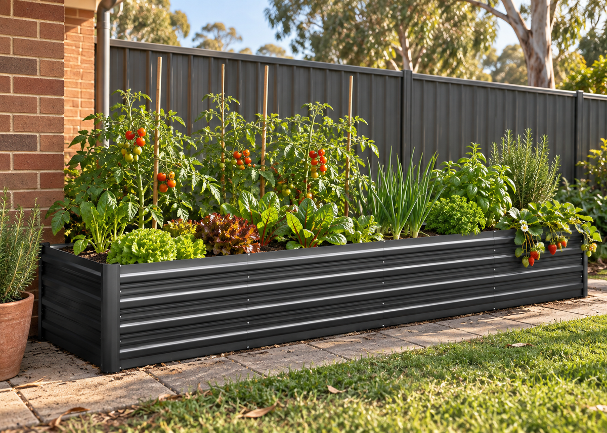 A long black corrugated metal raised garden bed filled with leafy greens, herbs, and tomato plants, situated outdoors next to a brick wall and wooden fence.