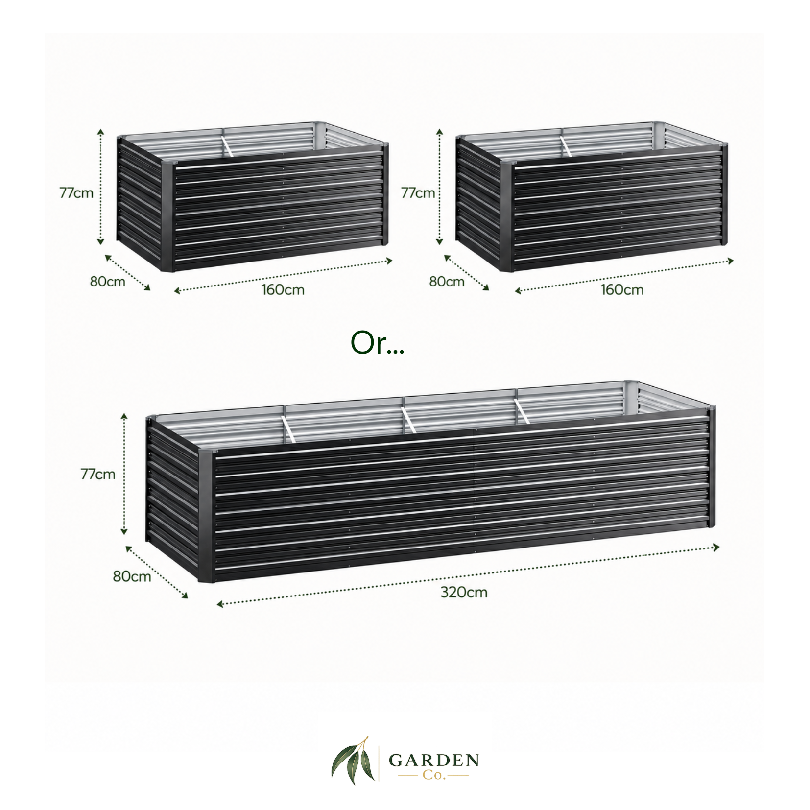 2 in 1 galvanised garden beds with dimensions on a white background
