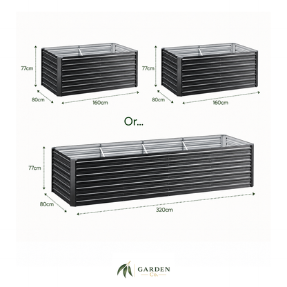 2 in 1 galvanised garden beds with dimensions on a white background