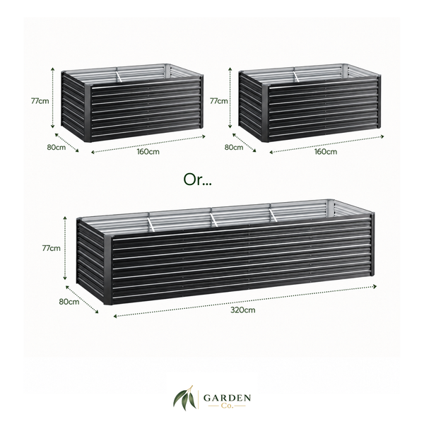 2 in 1 galvanised garden beds with dimensions on a white background