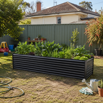 2 in 1 Galvinised Garden Bed in a backyard with plants and a house in the background.