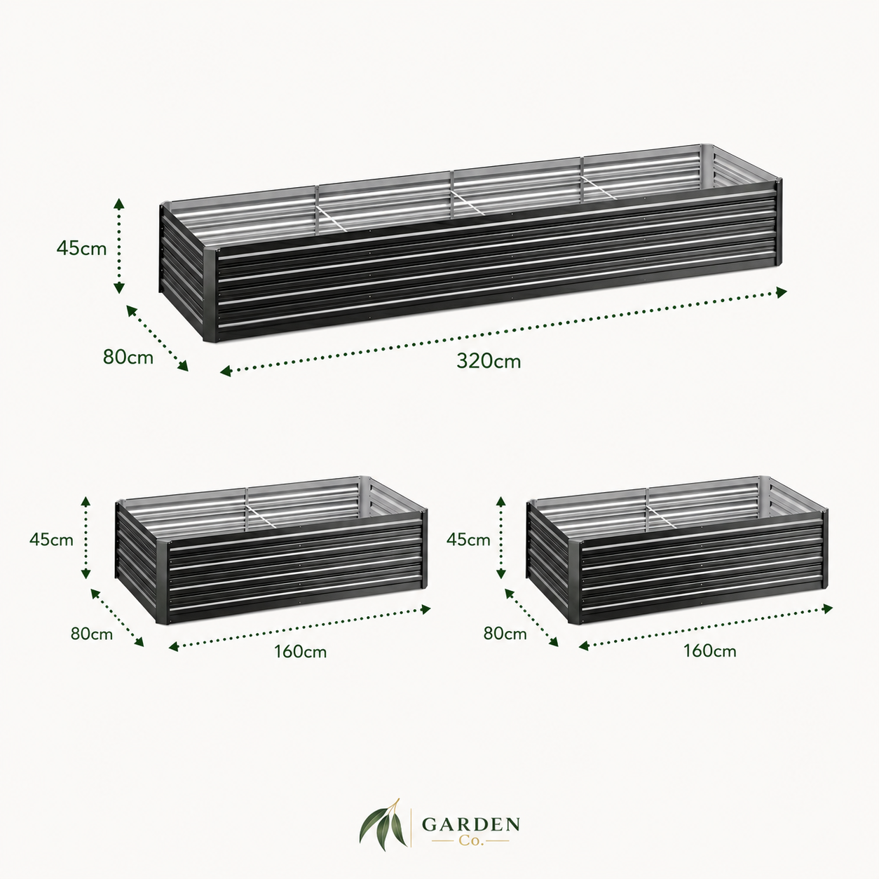 Dimensions of metal garden planters with 'Garden Co' branding.