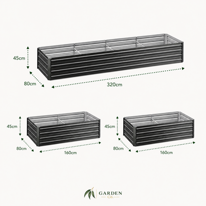 Dimensions of metal garden planters with 'Garden Co' branding.
