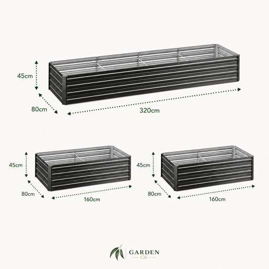 Dimensions of metal garden planters with 'Garden Co' branding.