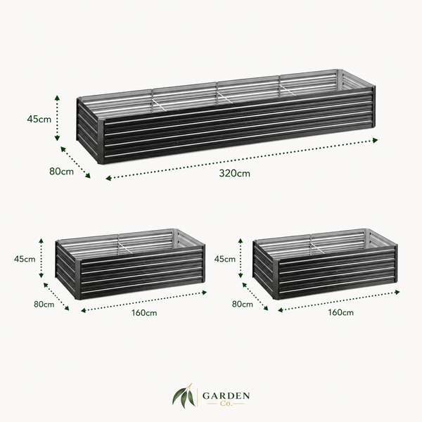 Dimensions of metal garden planters with 'Garden Co' branding.
