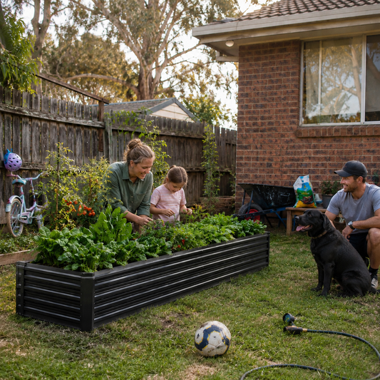 Family gardening in a backyard with a dog and sports ball.