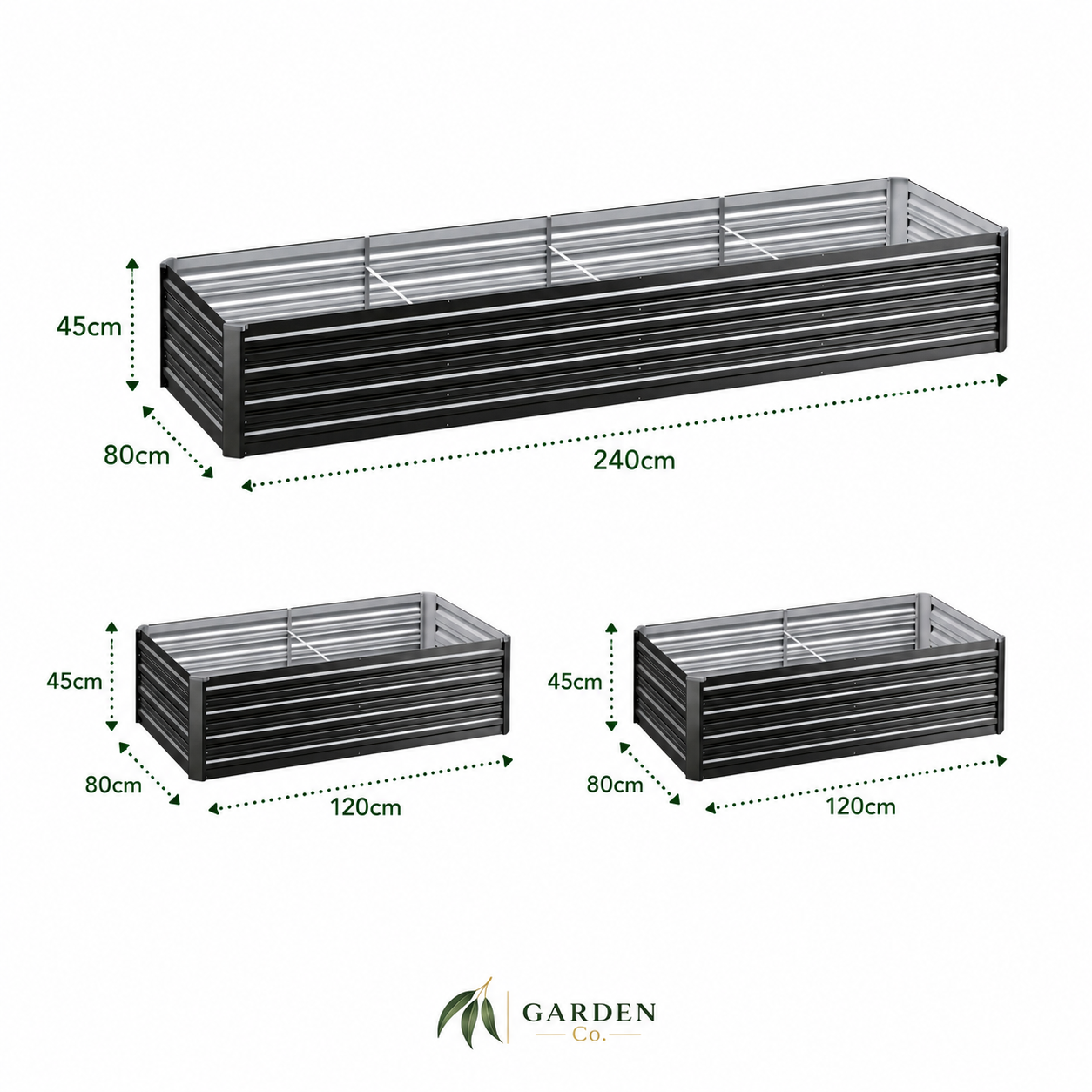 Dimensions of metal garden planters with 'Garden Co' branding.