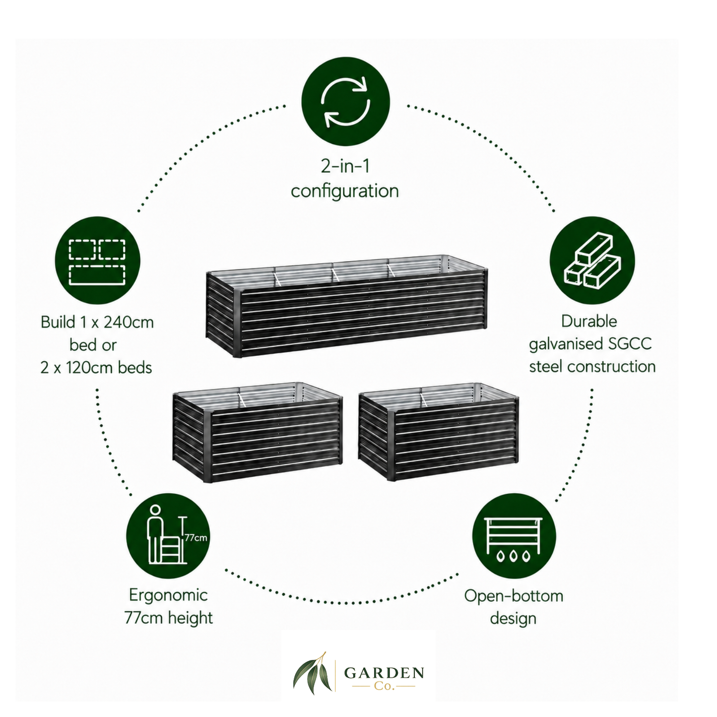 2 in 1 medium steel garden bed with features highlighted on a white background