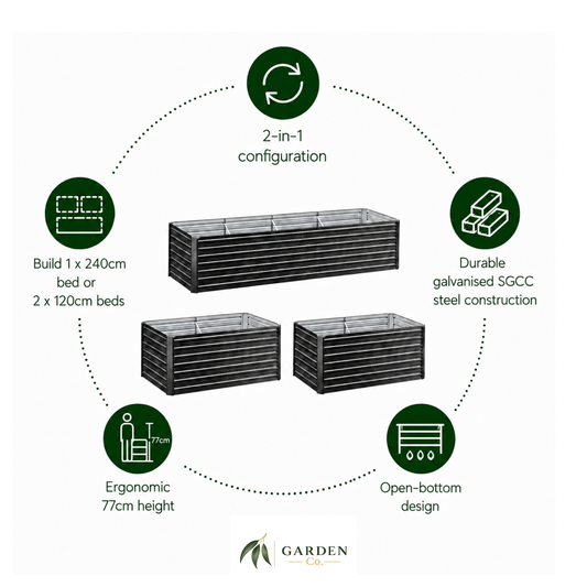 2 in 1 medium steel garden bed with features highlighted on a white background