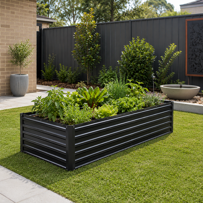 2 in 1 medium steel garden bed with green plants in a backyard setting.