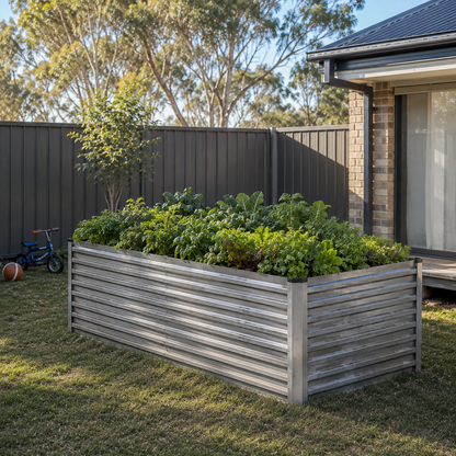 A rectangular raised garden bed with horizontal weathered gray wood slats, filled with green leafy plants, situated in a backyard on a grassy lawn next to a house and fence.