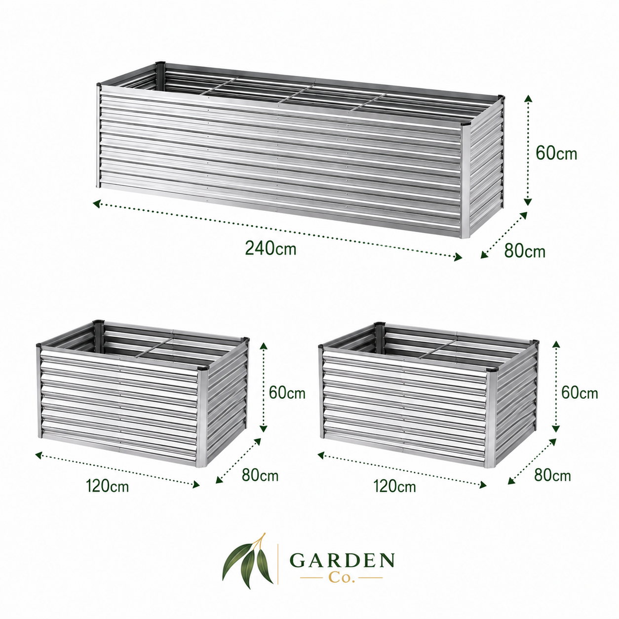Three silver metal garden planters with dimension labels showing different sizes: 240cm x 80cm x 60cm, 120cm x 80cm x 60cm, and 120cm x 80cm x 60cm, on a white background with the Garden Co. logo at the bottom.