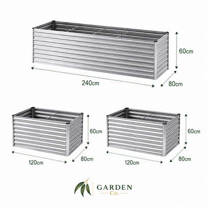 Three silver metal garden planters with dimension labels showing different sizes: 240cm x 80cm x 60cm, 120cm x 80cm x 60cm, and 120cm x 80cm x 60cm, on a white background with the Garden Co. logo at the bottom.