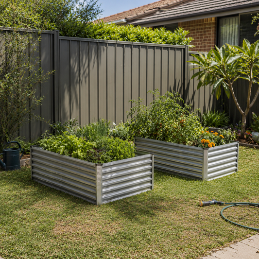 Two corrugated metal raised garden beds filled with green plants, set on a grassy backyard lawn in front of a dark gray fence.