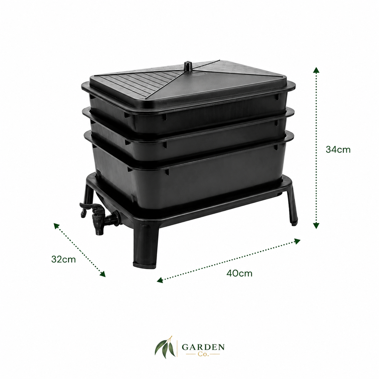 A black three-tier composting bin with a lid and stand, shown with dimension arrows and labels indicating 34cm height, 32cm width, and 40cm depth, on a white background with the Garden Co logo at the bottom.