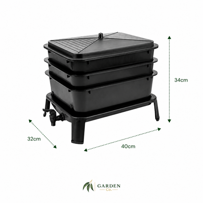 A black three-tier composting bin with a lid and stand, shown with dimension arrows and labels indicating 34cm height, 32cm width, and 40cm depth, on a white background with the Garden Co logo at the bottom.