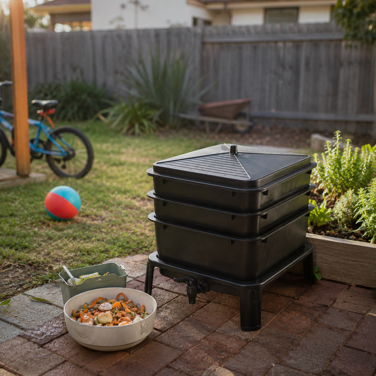 A black plastic three-compartment composting stack with a lid and drain spout, set on a brick patio in a backyard next to a bowl of food scraps and a small green bin.