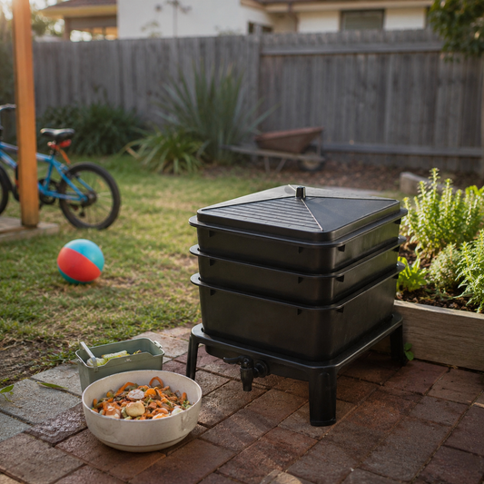 A black plastic three-compartment composting stack with a lid and drain spout, set on a brick patio in a backyard next to a bowl of food scraps and a small green bin.