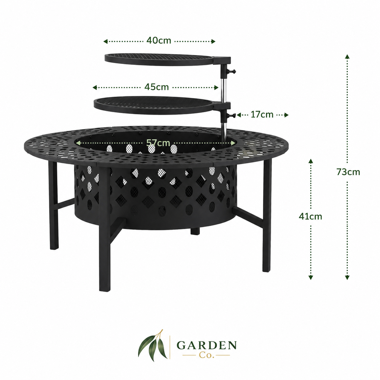 Black metal fire pit table with dimensions labeled on a white background, featuring the Garden Co. brand.