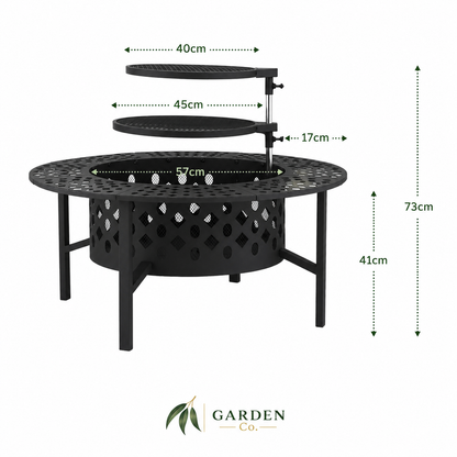 Black metal fire pit table with dimensions labeled on a white background, featuring the Garden Co. brand.