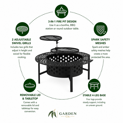 Fire pit with features highlighted on a white background