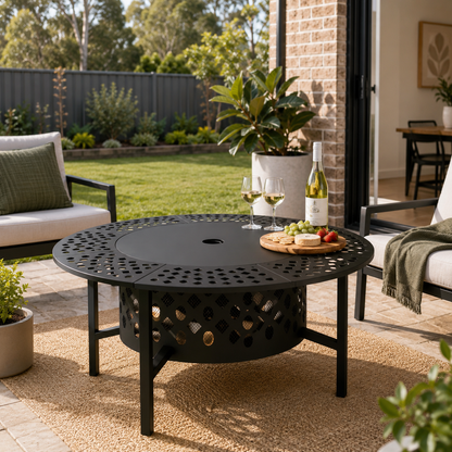Outdoor patio setting with a black fire pit table, chairs, and a bottle of wine.