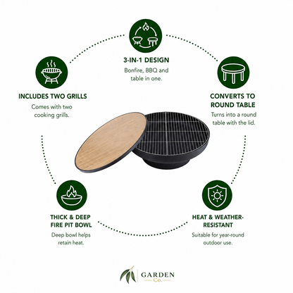 Multifunctional outdoor cooking device with features highlighted on a white background.