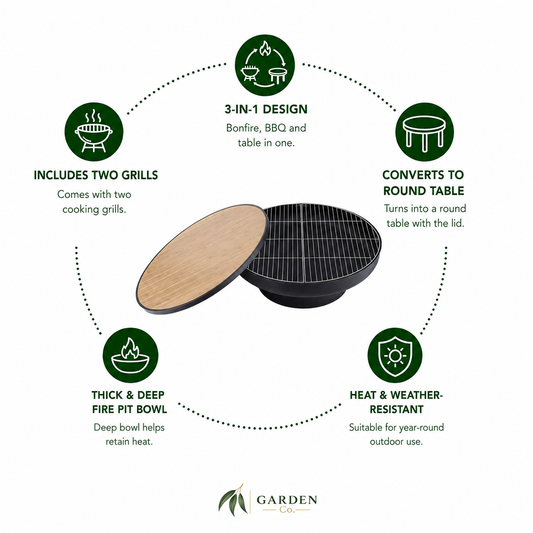 Multifunctional outdoor cooking device with features highlighted on a white background.